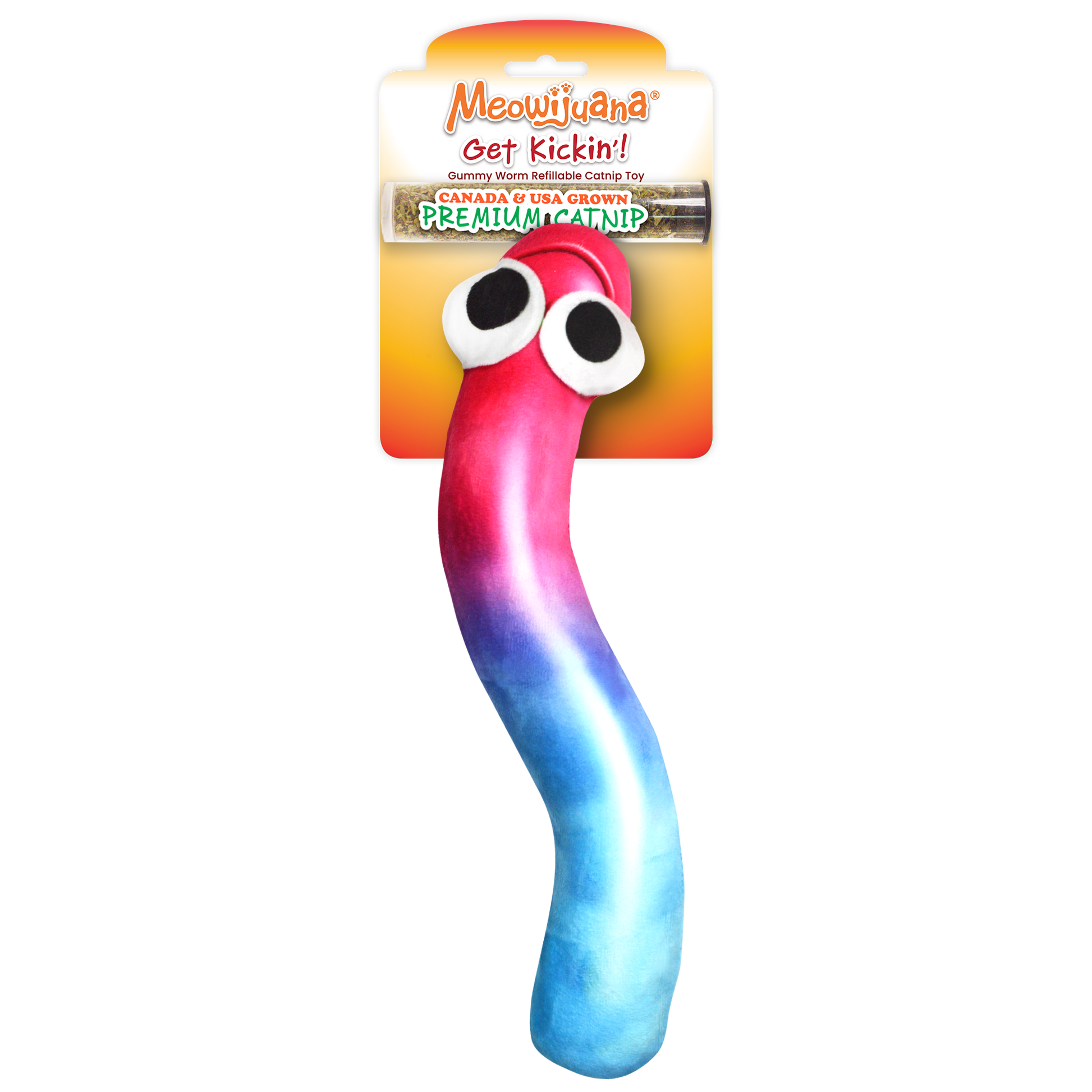 Gummy worm-shaped cat toy with colorful gradient and big eyes, paired with a tube of premium catnip.