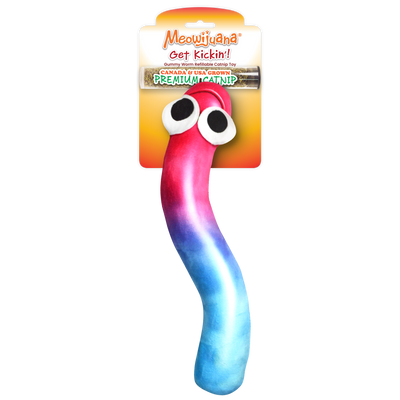 Gummy worm-shaped cat toy with colorful gradient and big eyes, paired with a tube of premium catnip.