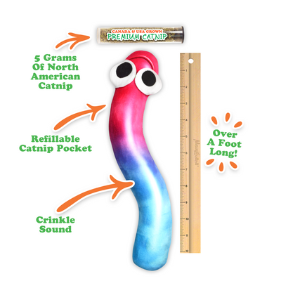 Close-up of the gummy worm cat toy with a refillable catnip pocket, crinkle sound, and measuring ruler for size.