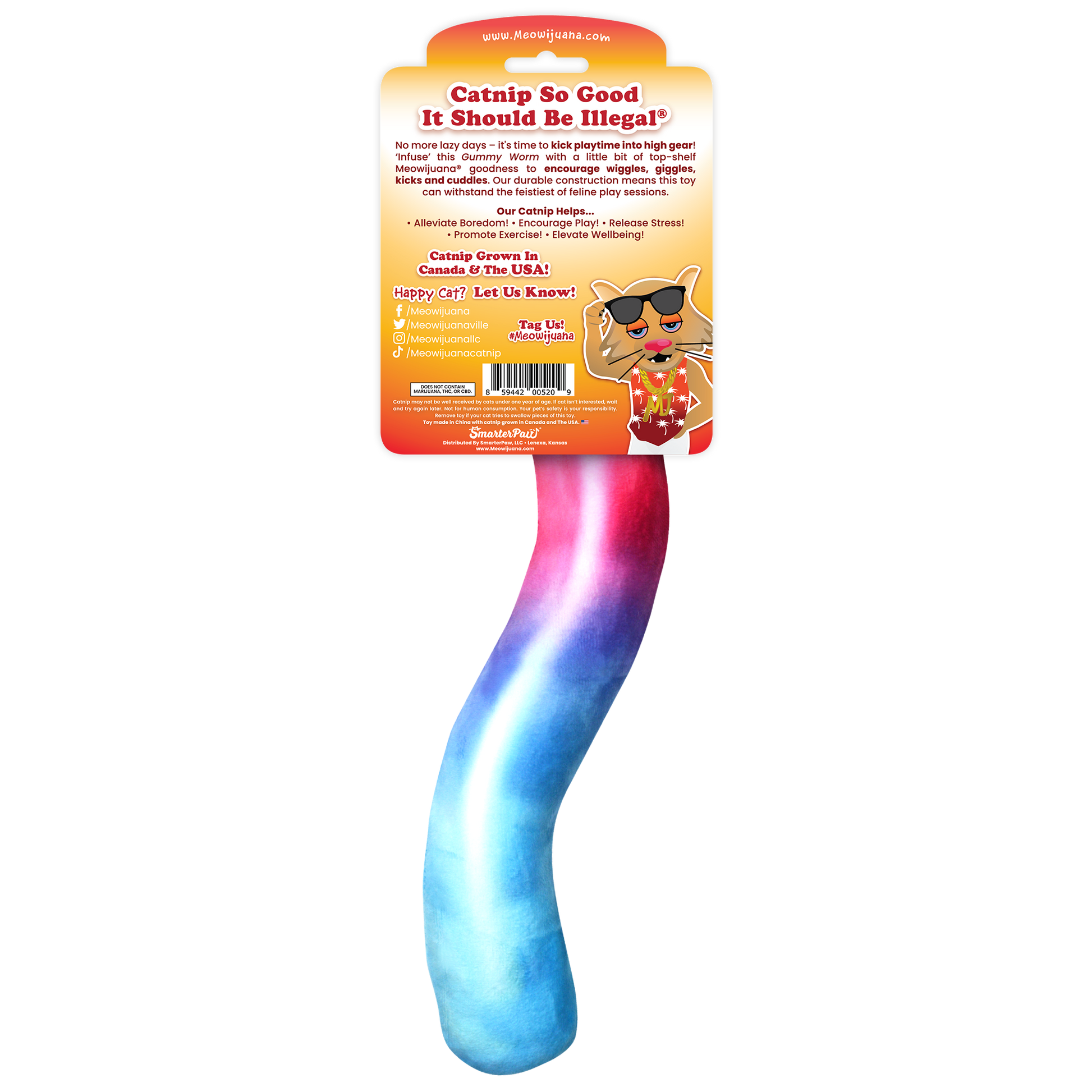 Close-up of the gummy worm cat toy, showing catnip inside the refillable pocket.