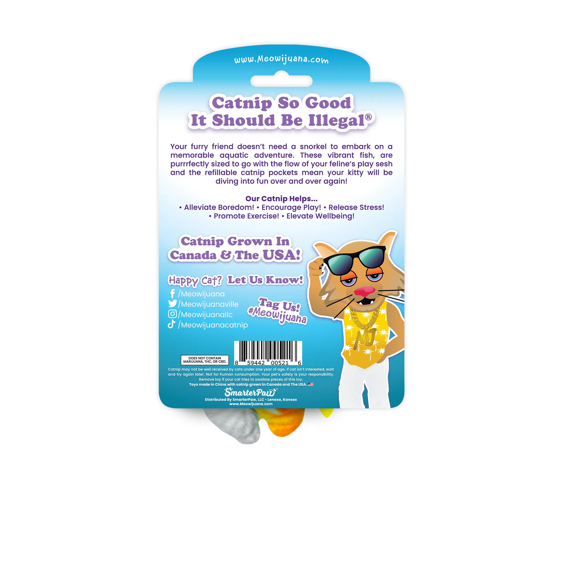 Back of Meowijuana Get Bubbly! packaging with product benefits, catnip origin, social media tags, and a cartoon cat with sunglasses.