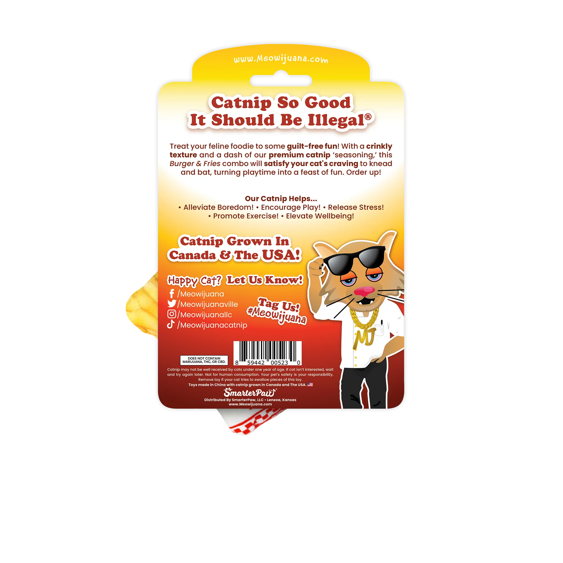 Back of Meowijuana packaging with brand details, social media info, and catnip benefits.