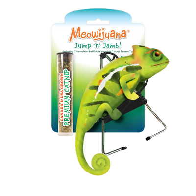 Meowijuana "Jump 'n' Jamb!" chameleon catnip toy with premium North American catnip tube, for fun and exercise.
