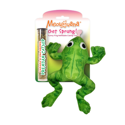 Frog-shaped cat toy with big eyes and a tube of premium Meowijuana catnip.