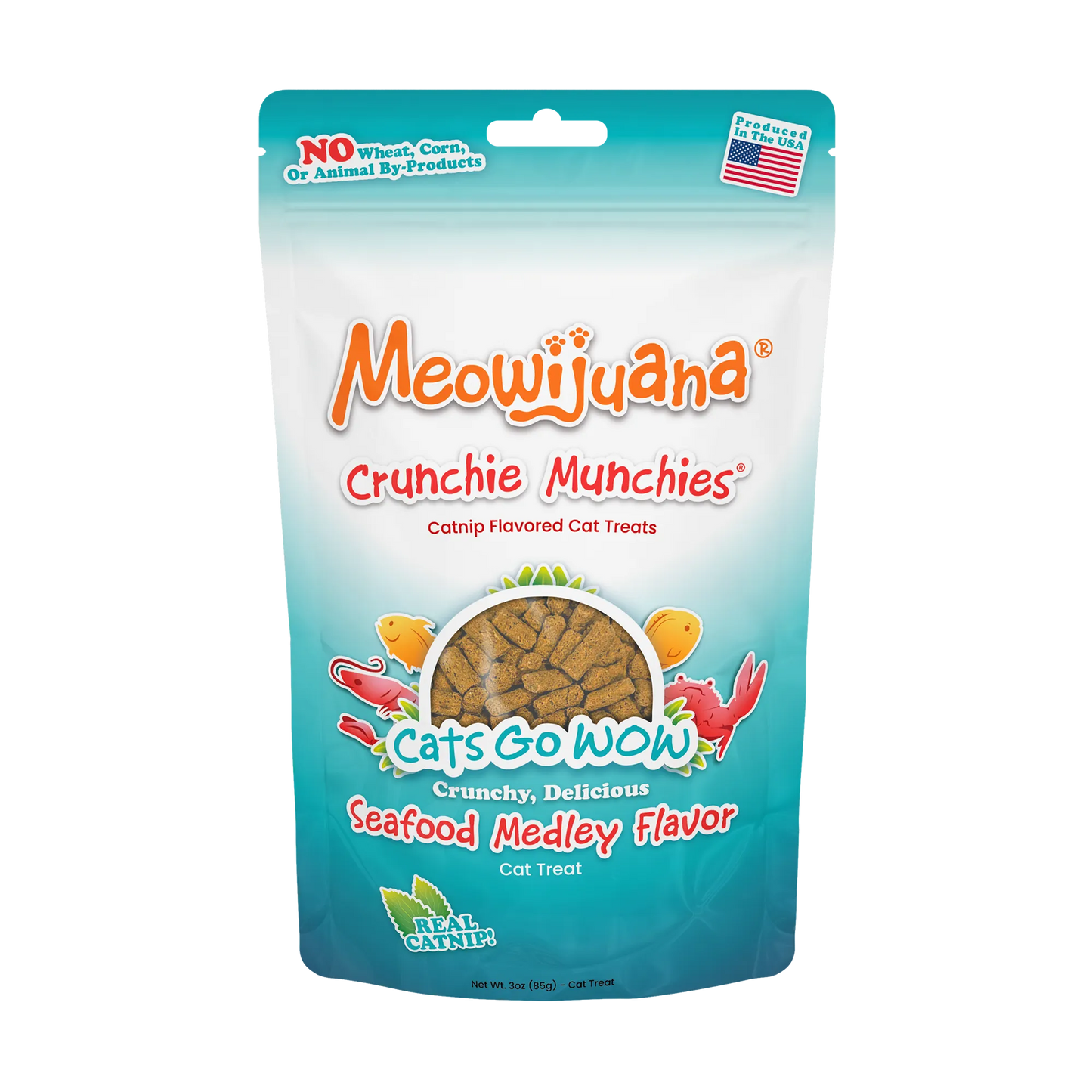 Bag of Meowijuana Crunchie Munchies, Seafood Medley flavor cat treats, made with catnip and no wheat, corn, or by-products.