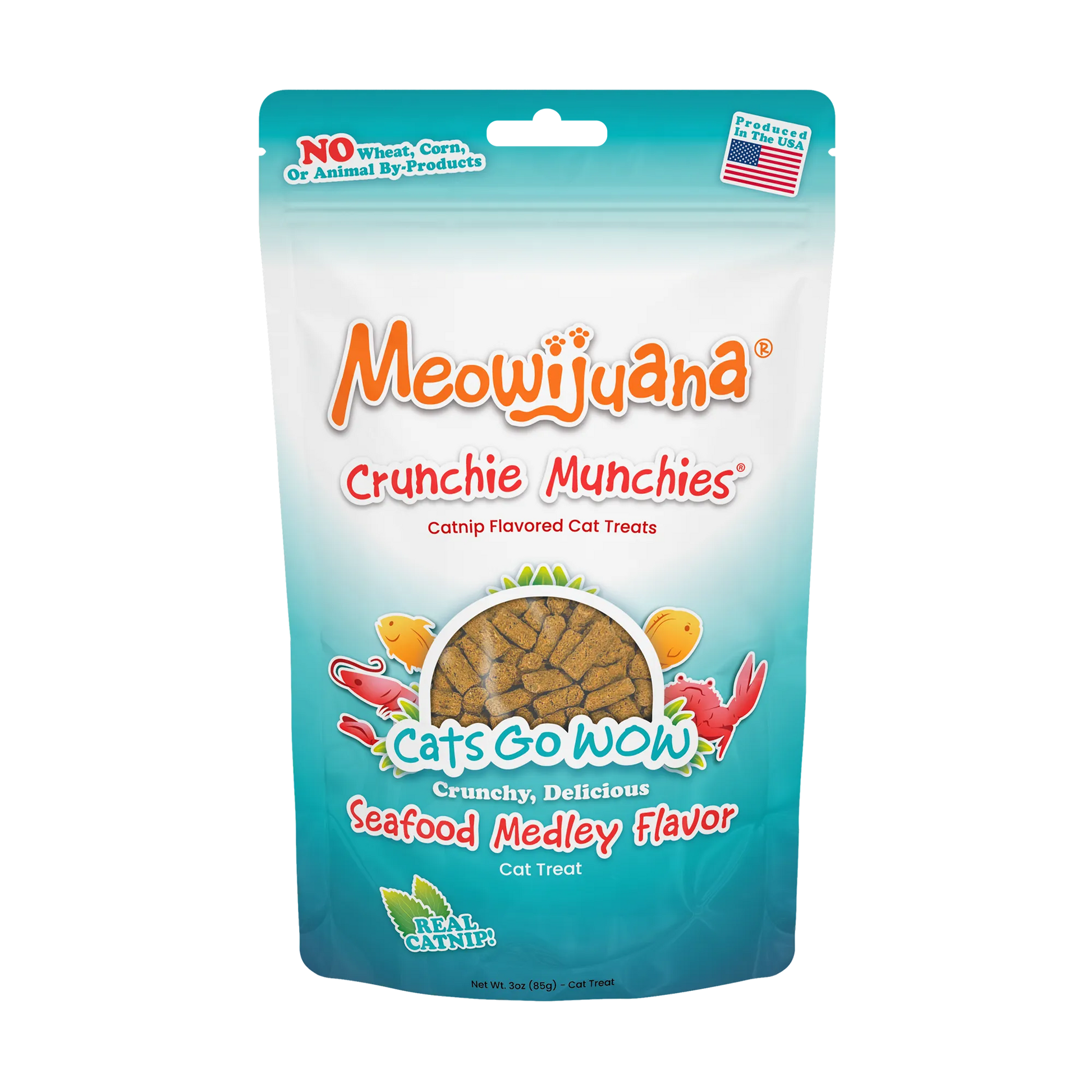 Bag of Meowijuana Crunchie Munchies, Seafood Medley flavor cat treats, made with catnip and no wheat, corn, or by-products.