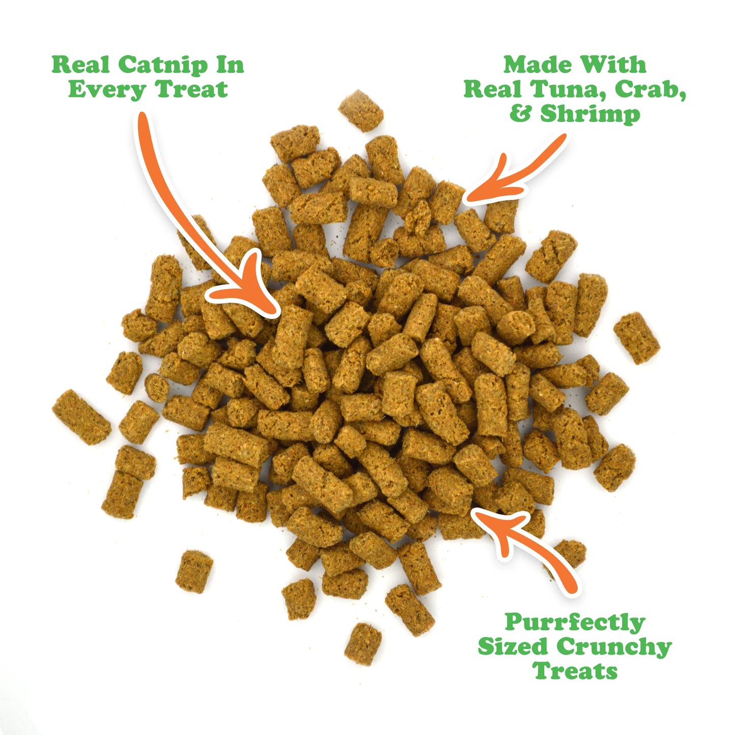 Close-up of Meowijuana Crunchie Munchies showing the crunchy cat treats, made with real catnip, tuna, crab, and shrimp.