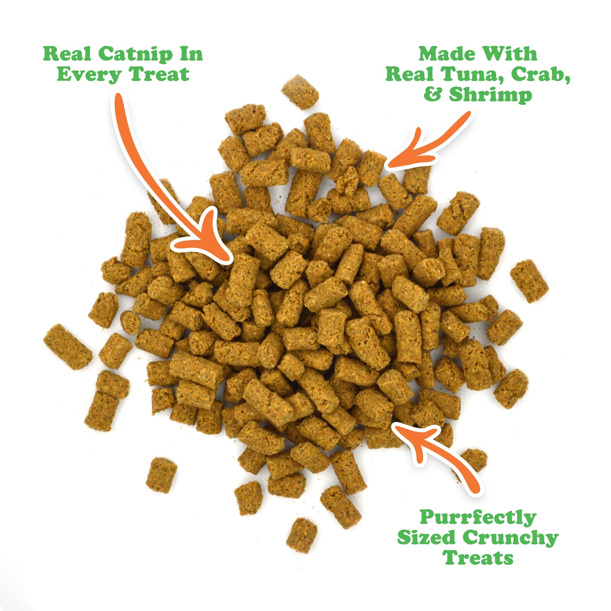 Close-up of Meowijuana Crunchie Munchies showing the crunchy cat treats, made with real catnip, tuna, crab, and shrimp.