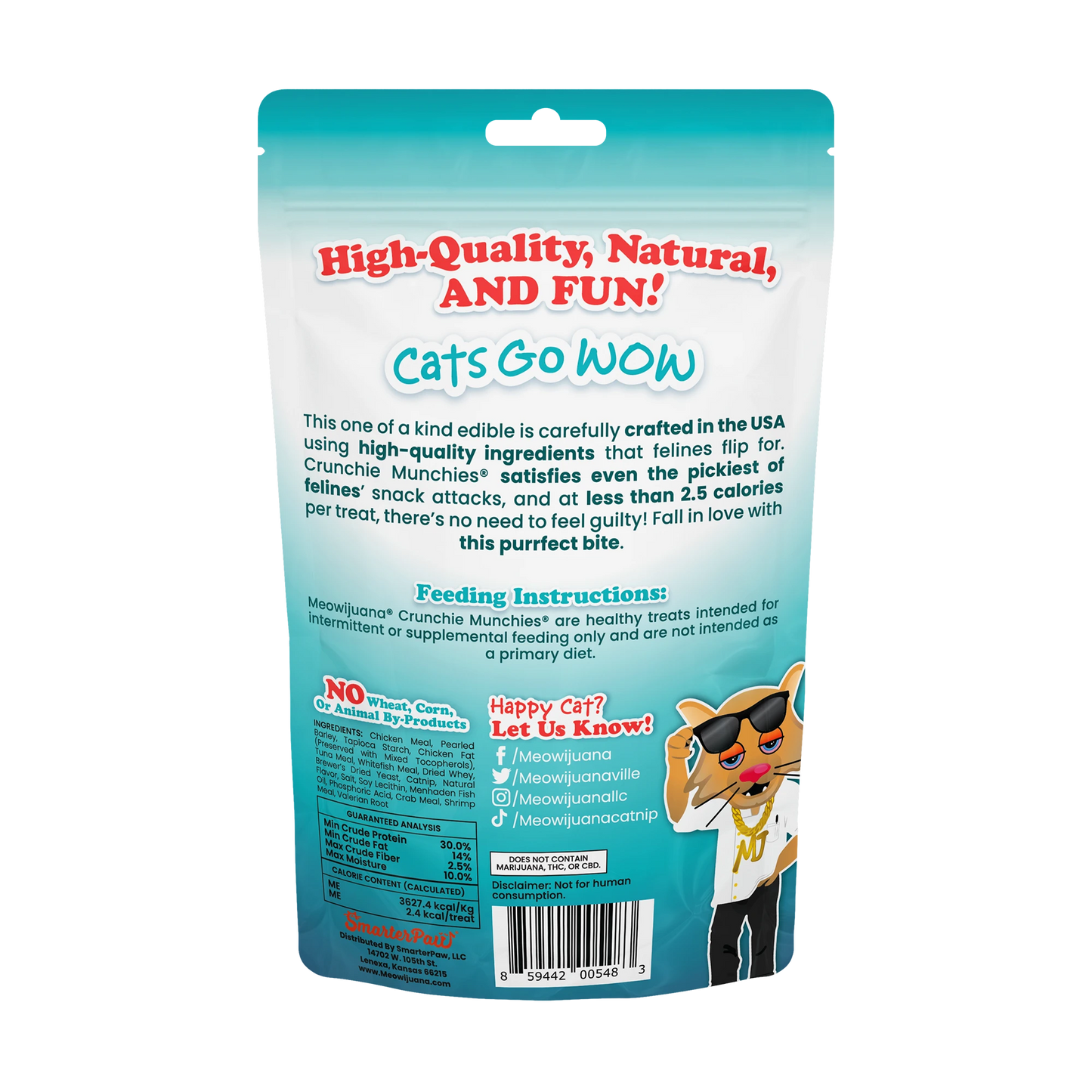 Back of Meowijuana Crunchie Munchies bag with product details including feeding instructions, ingredients, and no wheat, corn, or animal by-products.