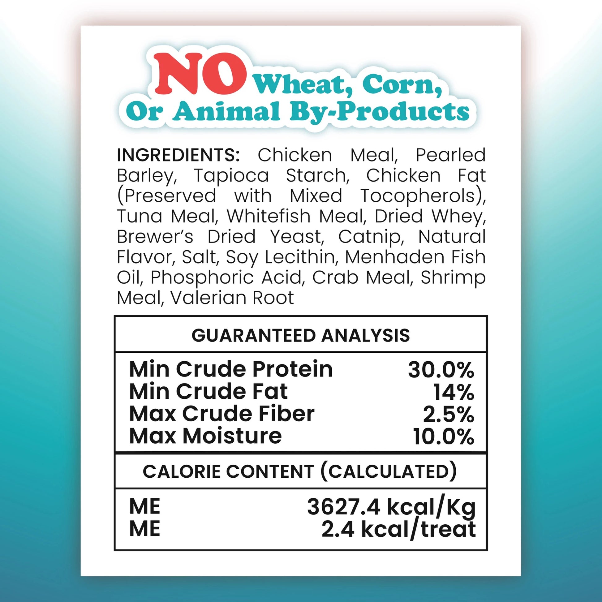 Meowijuana Crunchie Munchies ingredients list, showing real chicken, tuna, and crab, with no wheat, corn, or animal by-products.