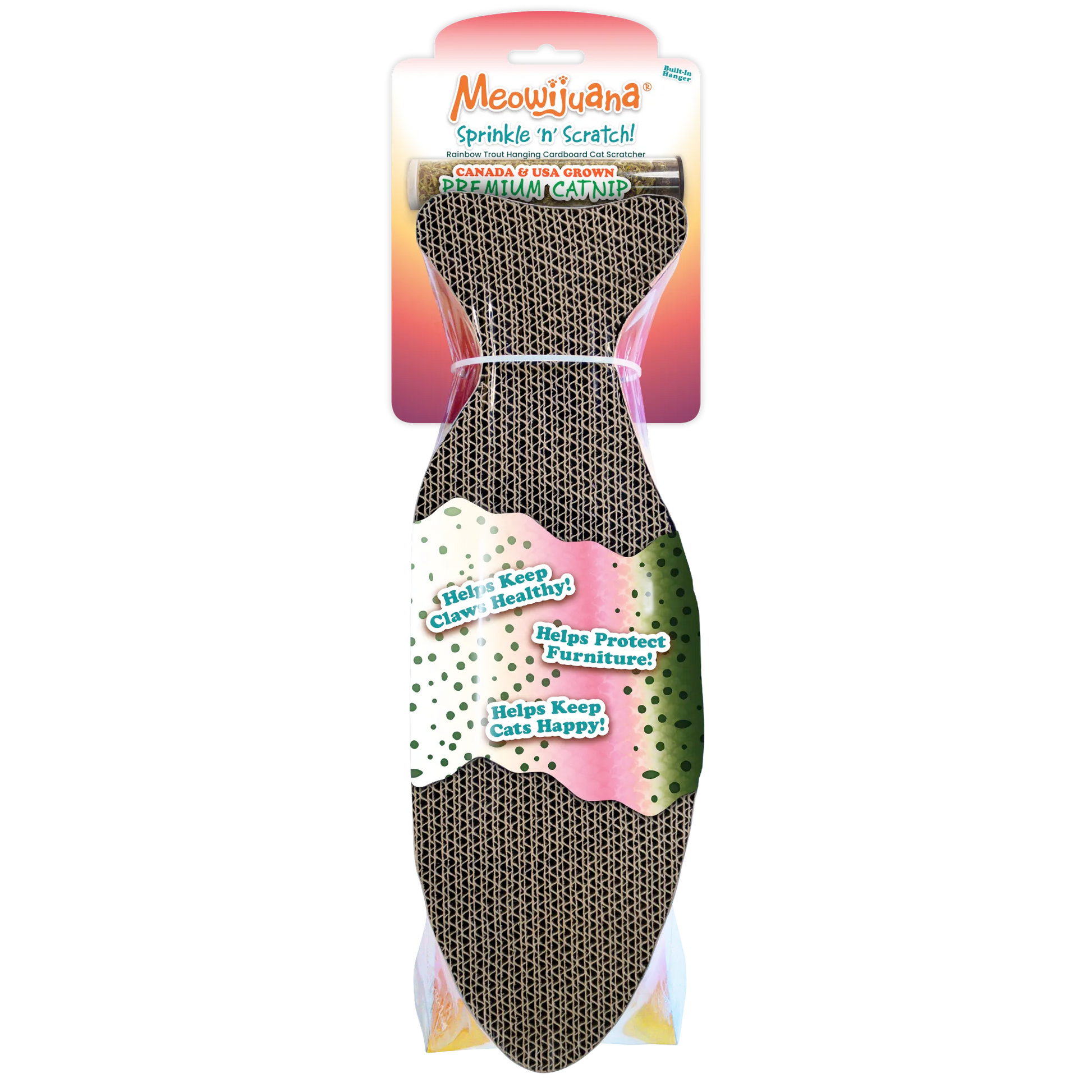 A durable corrugated cardboard cat scratcher with premium catnip, designed to relieve stress and protect furniture.