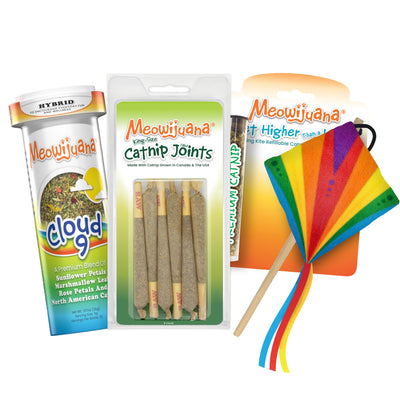 Meowijuana catnip bundle with Cloud 9, Catnip Joints, and rainbow refillable kite toy.