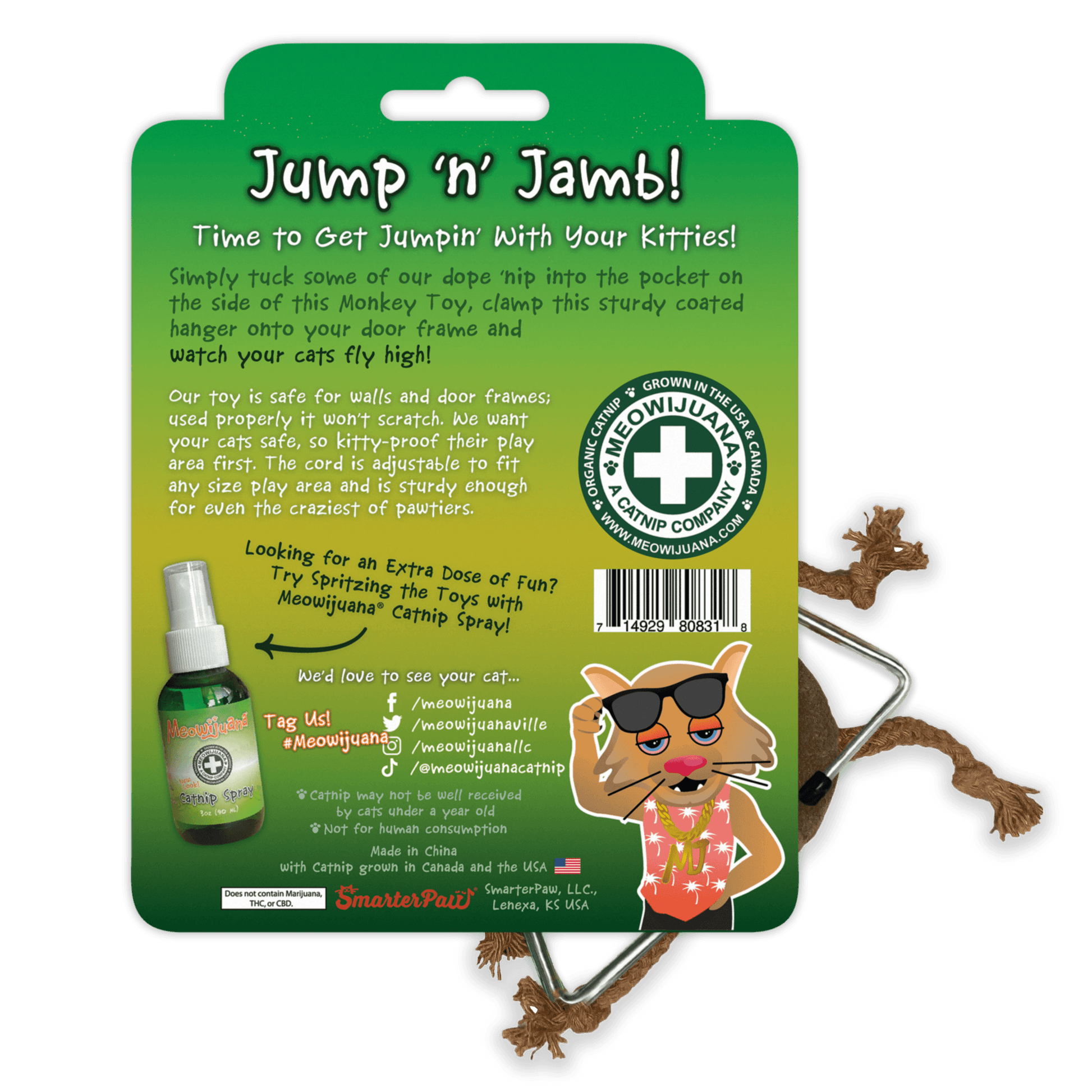 Jump 'n' Jamb - Get The Monkey Off Your Back - Refillable Catnip Swinging Toy - Meowijuana - A Catnip Company